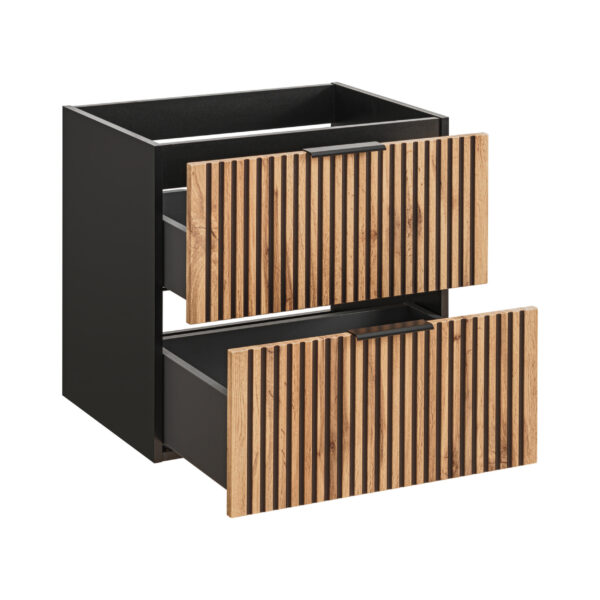 Meuble suspendu avec lavabo et siphon TILO - corps noir - façades rainurées couleur chêne Wotan - 2 tiroirs - 80 x 60 x 46 cm – Image 3