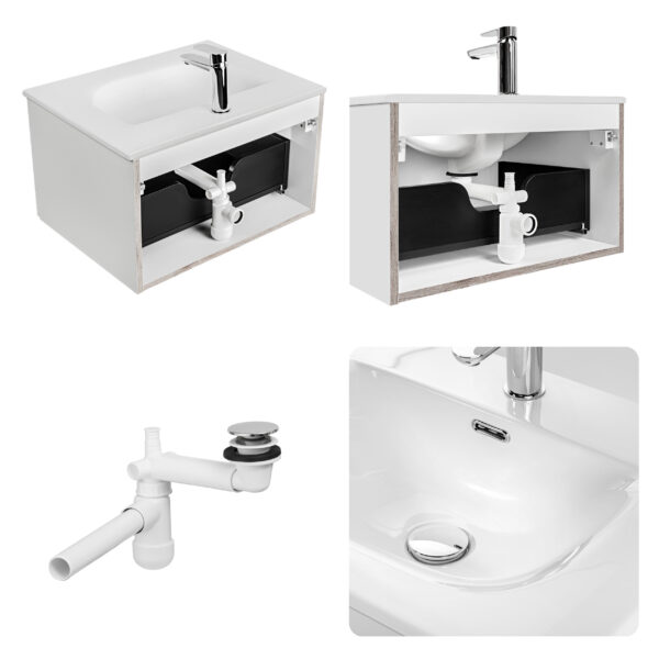 Meuble suspendu avec lavabo et siphon ARVIDA - blanc - 2 tiroirs - 60 x 59 x 46 cm – Image 8