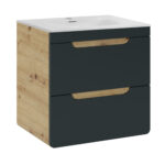 Meuble suspendu avec lavabo et siphon ARVIDA - couleur chêne - façade grise - 2 tiroirs - 60 x 59 x 46 cm