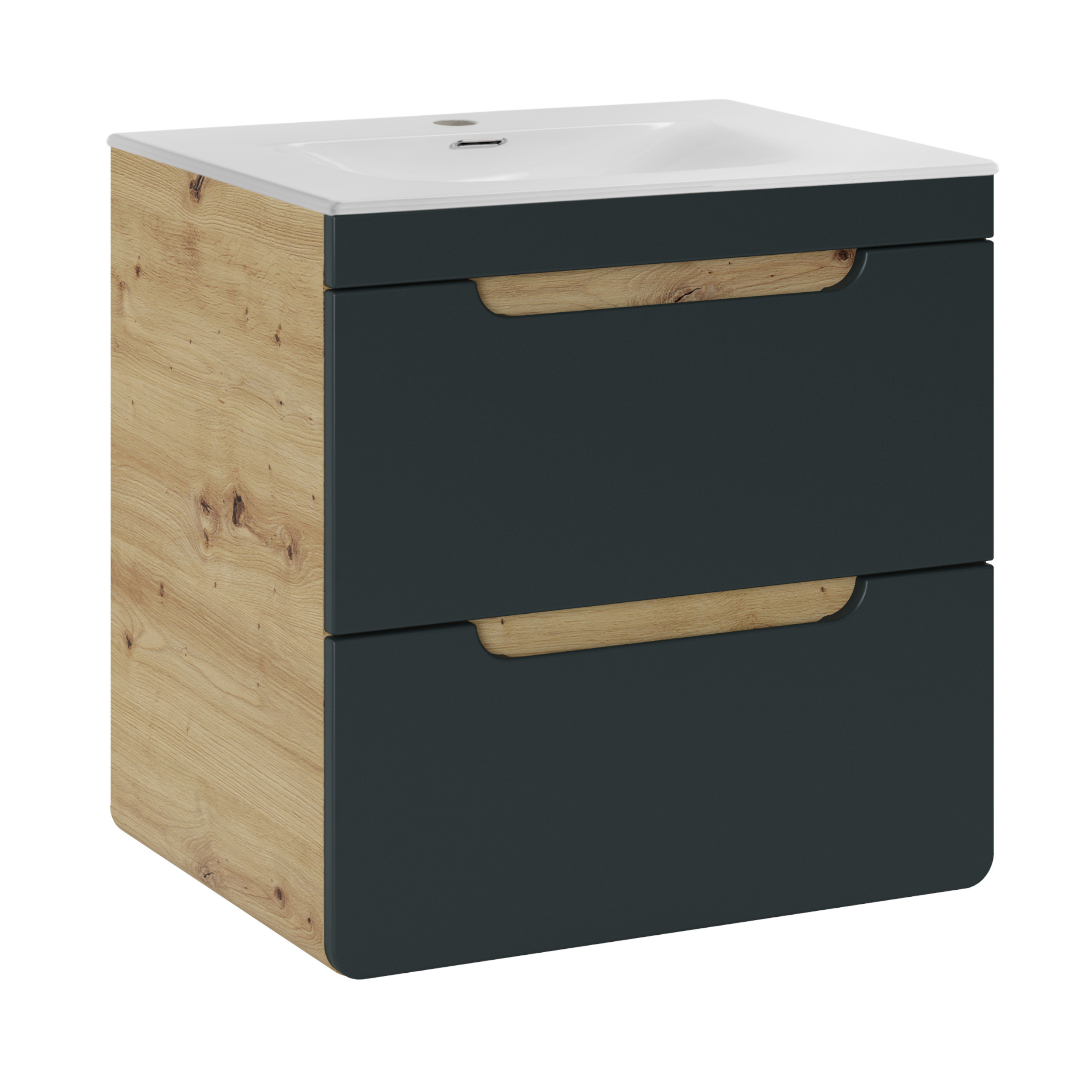 XMEBLAZSETCM01001303_00-1.jpg Meuble suspendu avec lavabo et siphon ARVIDA - couleur chêne - façade grise - 2 tiroirs - 60 x 59 x 46 cm – Image 1