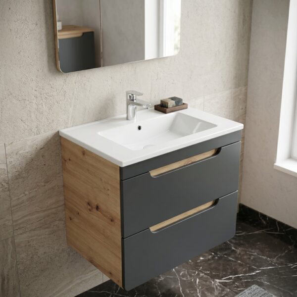Meuble suspendu avec lavabo et siphon ARVIDA - couleur chêne - façade grise - 2 tiroirs - 60 x 59 x 46 cm – Image 2