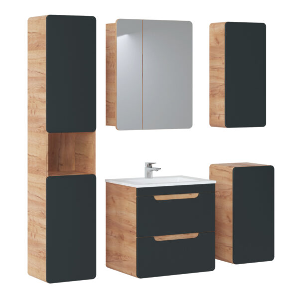 Meuble suspendu avec lavabo et siphon ARVIDA - couleur chêne - façade grise - 2 tiroirs - 60 x 59 x 46 cm – Image 3