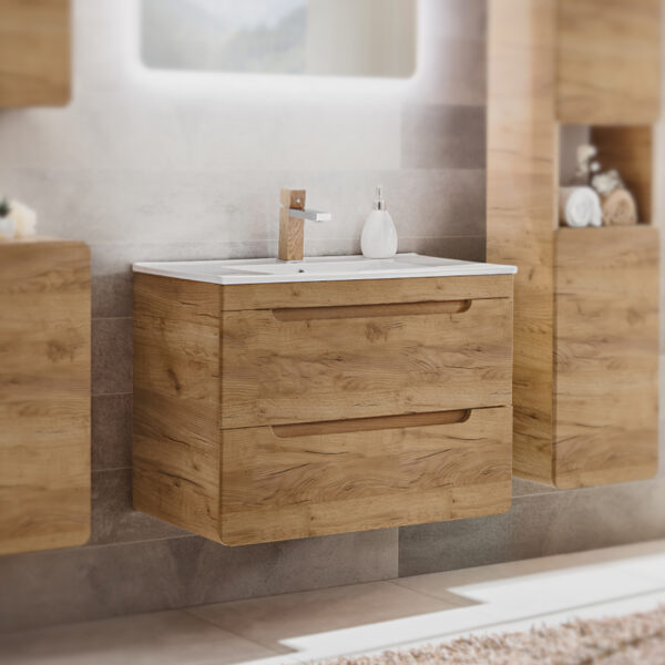Meuble suspendu avec lavabo et siphon ARVIDA - couleur chêne - 2 tiroirs - 80 x 59 x 46 cm – Image 2