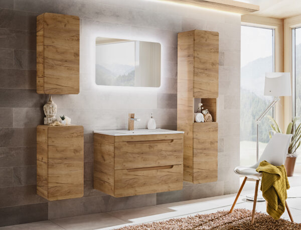 Meuble suspendu avec lavabo et siphon ARVIDA - couleur chêne - 2 tiroirs - 80 x 59 x 46 cm – Image 4