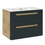 Meuble suspendu avec lavabo et siphon ARVIDA - couleur chêne - façade grise - 2 tiroirs - 80 x 59 x 46 cm