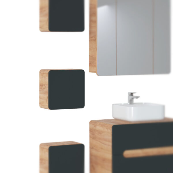 Armoire murale carrée de salle de bain ARVIDA - couleur chêne - façade grise - angles arrondis - 35 x 35 x 22 cm – Image 2