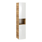Armoire haute suspendue de salle de bain ARVIDA - couleur chêne - façade blanche - 2 portes - angles arrondis - 35 x 170 x 35 cm