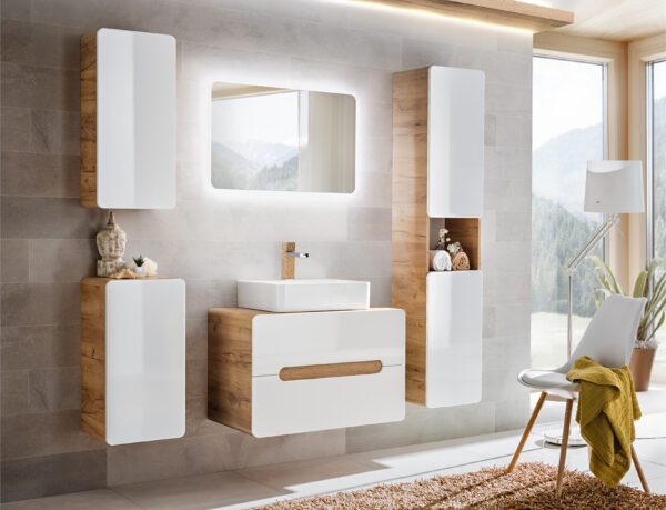 Armoire haute suspendue de salle de bain ARVIDA - couleur chêne - façade blanche - 2 portes - angles arrondis - 35 x 170 x 35 cm – Image 5