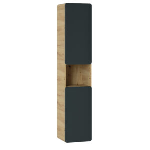 Armoire haute suspendue de salle de bain ARVIDA - couleur chêne - façade grise - 2 portes - angles arrondis - 35 x 170 x 35 cm