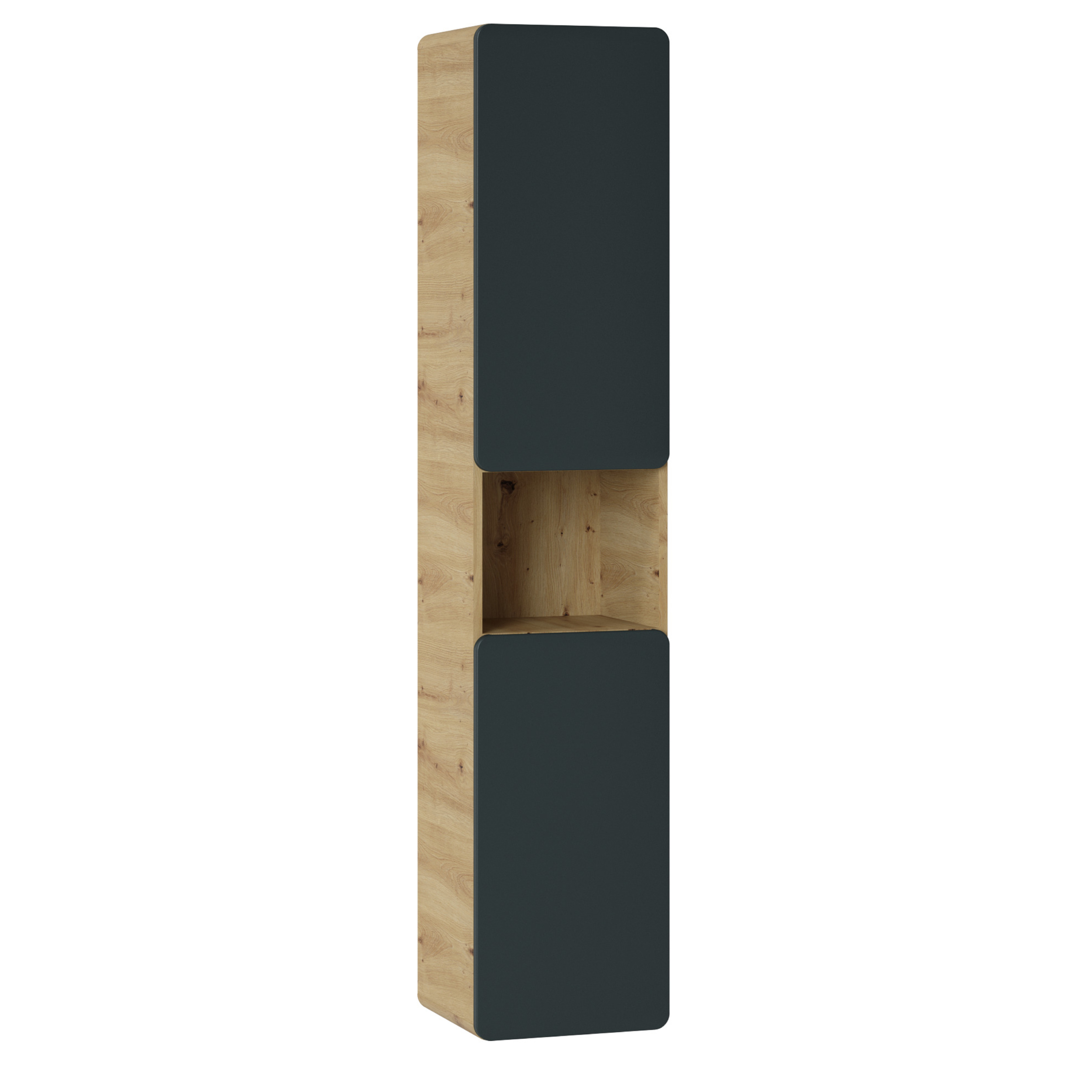 XMEBLAZSZKCM00401301_00-1.jpg Armoire haute suspendue de salle de bain ARVIDA - couleur chêne - façade grise - 2 portes - angles arrondis - 35 x 170 x 35 cm – Image 1