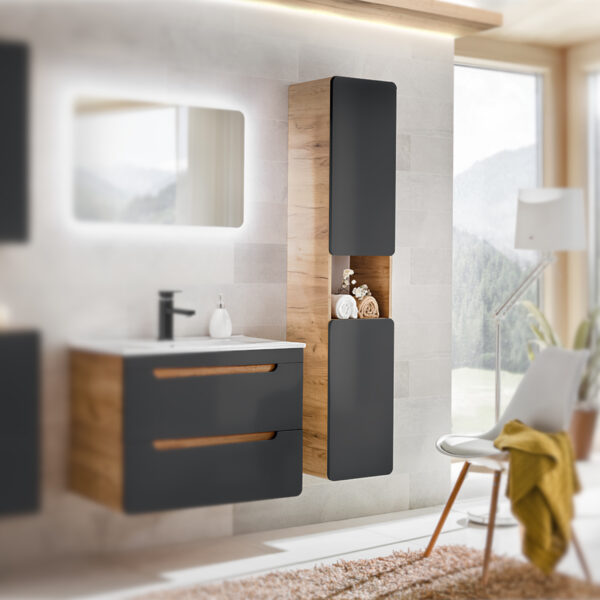 Armoire haute suspendue de salle de bain ARVIDA - couleur chêne - façade grise - 2 portes - angles arrondis - 35 x 170 x 35 cm – Image 2