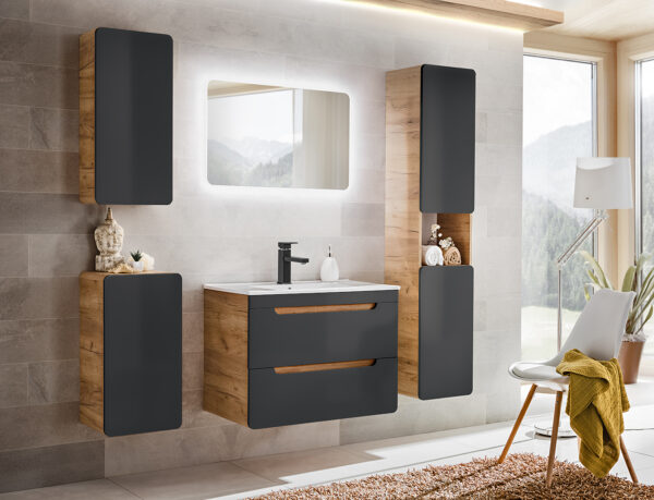 Armoire haute suspendue de salle de bain ARVIDA - couleur chêne - façade grise - 2 portes - angles arrondis - 35 x 170 x 35 cm – Image 4