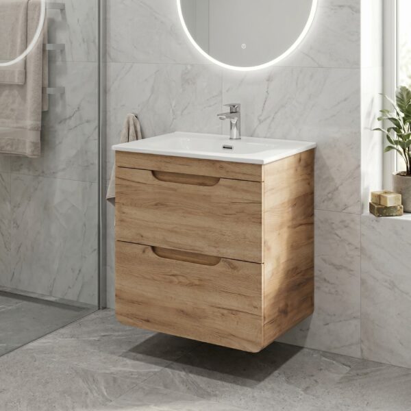 Meuble suspendu sous lavabo ARVIDA - couleur chêne - 2 tiroirs - 60 x 59 x 46 cm – Image 2