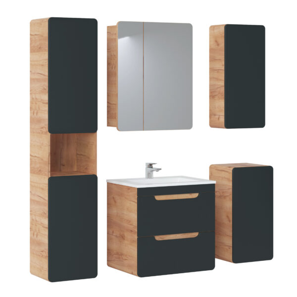 Meuble suspendu sous lavabo ARVIDA - couleur chêne - façade grise - 2 tiroirs - 60 x 59 x 46 cm – Image 3