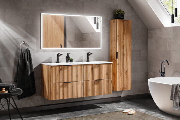 Armoire haute suspendue de salle de bain ADEN - chêne Wotan - façades rainurées - 35 x 140 x 25 cm – Image 4