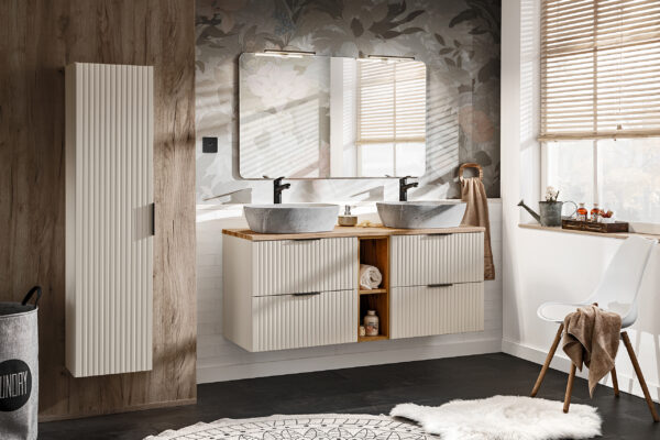 Armoire haute suspendue de salle de bain ADEN - cachemire - façades rainurées - 35 x 140 x 25 cm – Image 4