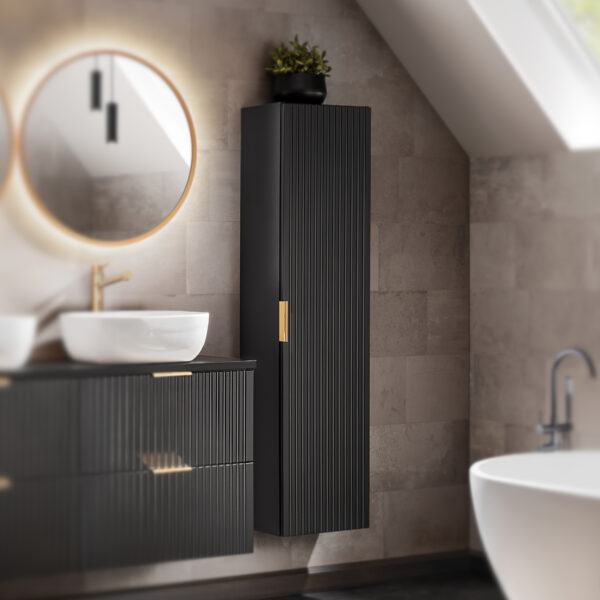 Armoire haute suspendue de salle de bain ADEN - noire - façades rainurées - 35 x 140 x 25 cm – Image 2