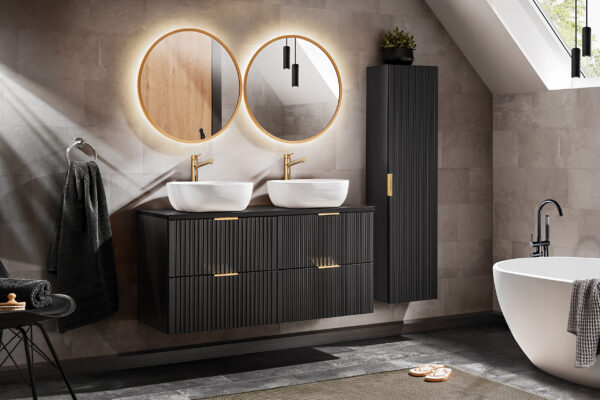Armoire haute suspendue de salle de bain ADEN - noire - façades rainurées - 35 x 140 x 25 cm – Image 5