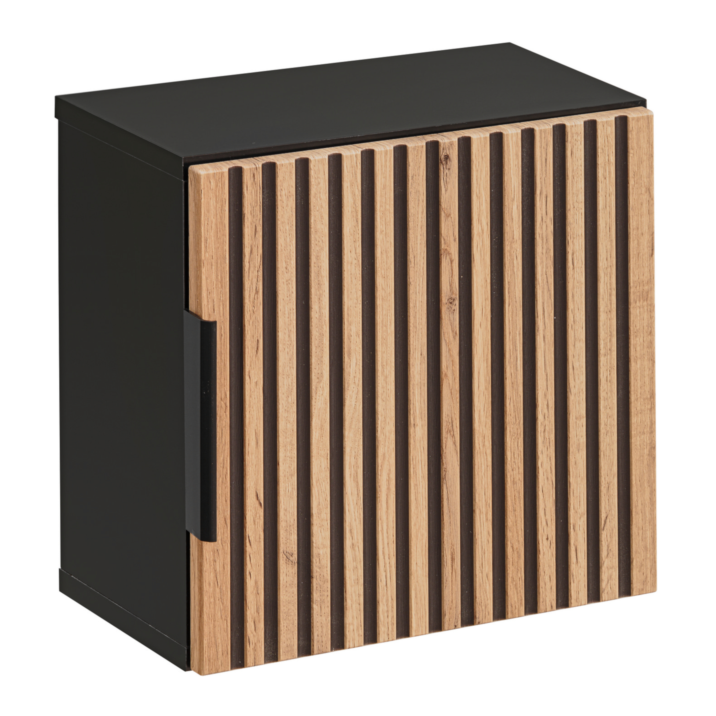 XMEBLAZSZKCM00801101_00-1.jpg Armoire murale carrée de salle de bain TILO - corps noir - façades rainurées couleur chêne Wotan - 35 x 35 x 22 cm – Image 1
