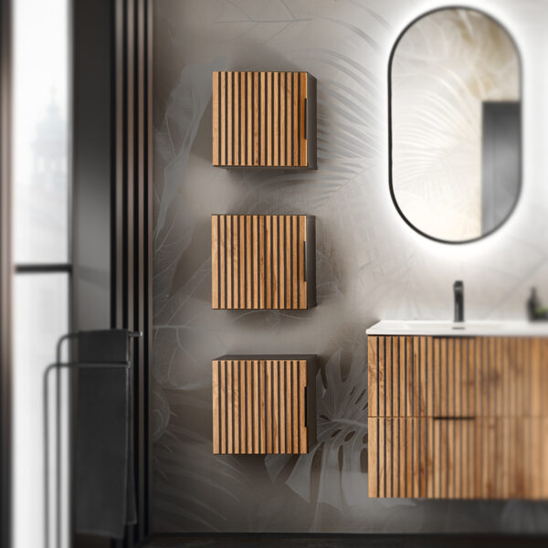 Armoire murale carrée de salle de bain TILO - corps noir - façades rainurées couleur chêne Wotan - 35 x 35 x 22 cm – Image 2