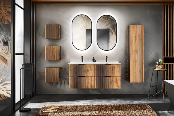 Armoire murale carrée de salle de bain TILO - corps noir - façades rainurées couleur chêne Wotan - 35 x 35 x 22 cm – Image 4