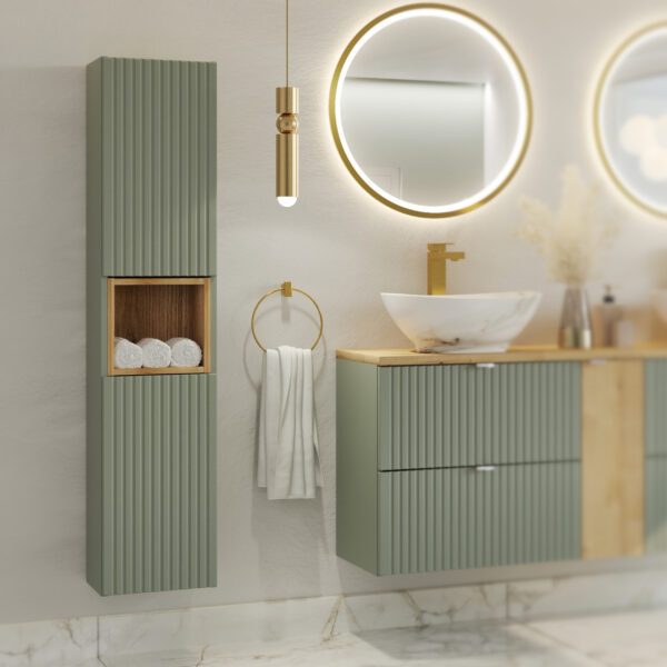 Armoire haute suspendue de salle de bain NALVIK - verte - 2 portes - façades rainurées - 30 x 140 x 25 cm – Image 2