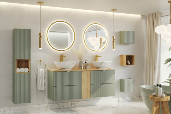 Armoire haute suspendue de salle de bain NALVIK - verte - 2 portes - façades rainurées - 30 x 140 x 25 cm – Image 4