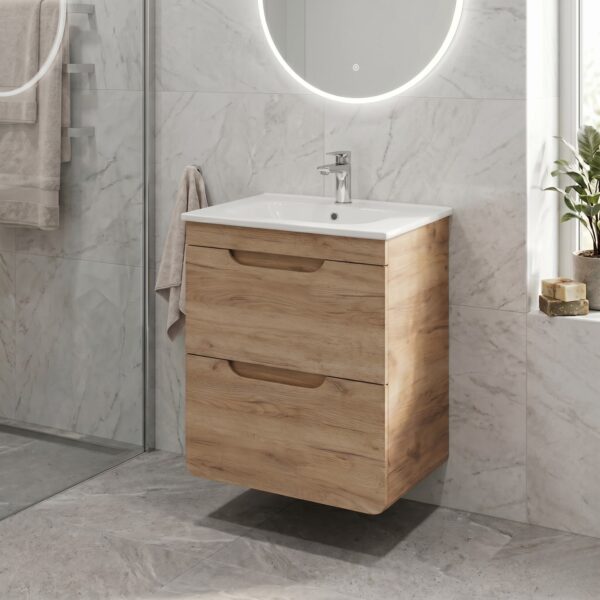 Meuble suspendu sous lavabo ARVIDA - couleur chêne - 2 tiroirs - 40 x 59 x 41 cm – Image 2