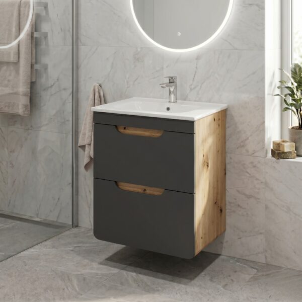 Meuble suspendu sous lavabo ARVIDA - couleur chêne - façade grise - 2 tiroirs - 40 x 59 x 41 cm – Image 2