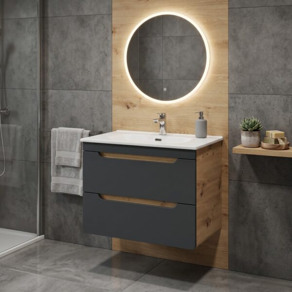 Meuble suspendu avec lavabo et siphon ARVIDA - couleur chêne - façade grise - 2 tiroirs - 80 x 59 x 46 cm – Image 5