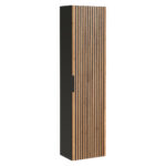 Armoire haute suspendue de salle de bain TILO - corps noir - façades rainurées couleur chêne Wotan - 35 x 140 x 25 cm