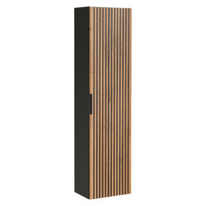 Armoire haute suspendue de salle de bain TILO - corps noir - façades rainurées couleur chêne Wotan - 35 x 140 x 25 cm