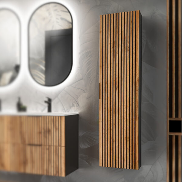 Armoire haute suspendue de salle de bain TILO - corps noir - façades rainurées couleur chêne Wotan - 35 x 140 x 25 cm – Image 2