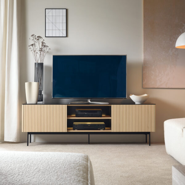 Meuble TV Olden – chêne Vicenza – plateau en verre – 180 x 52 x 39 cm – Image 2