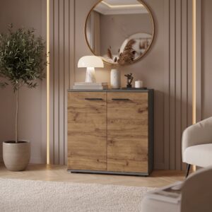 Commode FAUSKE - Spacieuse - 2 Portes - Chêne Wotan - Gris - Largeur 69 cm, Hauteur 74 cm, Profondeur 34 cm