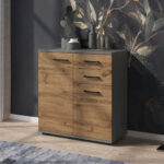 Commode FAUSKE - 2 Tiroirs - 2 Portes - Chêne Wotan - Gris - Largeur 69 cm, Hauteur 74 cm, Profondeur 34 cm