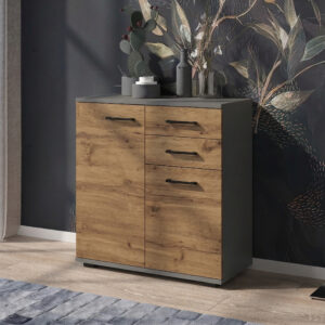 Commode FAUSKE - 2 Tiroirs - 2 Portes - Chêne Wotan - Gris - Largeur 69 cm, Hauteur 74 cm, Profondeur 34 cm