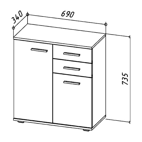 Commode FAUSKE - 2 Tiroirs - 2 Portes - Chêne Wotan - Gris - Largeur 69 cm, Hauteur 74 cm, Profondeur 34 cm – Image 2