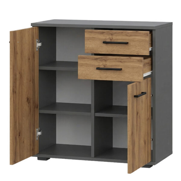 Commode FAUSKE - 2 Tiroirs - 2 Portes - Chêne Wotan - Gris - Largeur 69 cm, Hauteur 74 cm, Profondeur 34 cm – Image 3