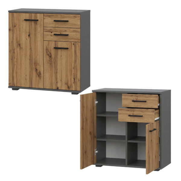 Commode FAUSKE - 2 Tiroirs - 2 Portes - Chêne Wotan - Gris - Largeur 69 cm, Hauteur 74 cm, Profondeur 34 cm – Image 4