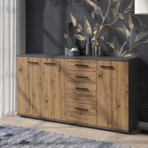 Commode FAUSKE - 4 Tiroirs - 3 Portes - Chêne Wotan - Gris - Largeur 138 cm, Hauteur 74 cm, Profondeur 34 cm