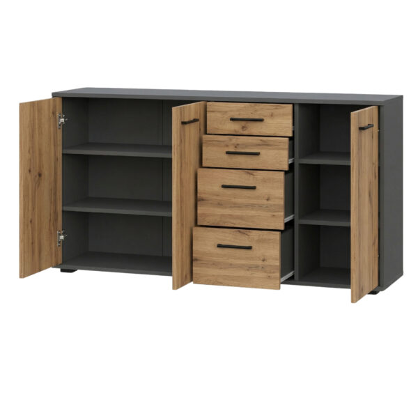 Commode FAUSKE - 4 Tiroirs - 3 Portes - Chêne Wotan - Gris - Largeur 138 cm, Hauteur 74 cm, Profondeur 34 cm – Image 3