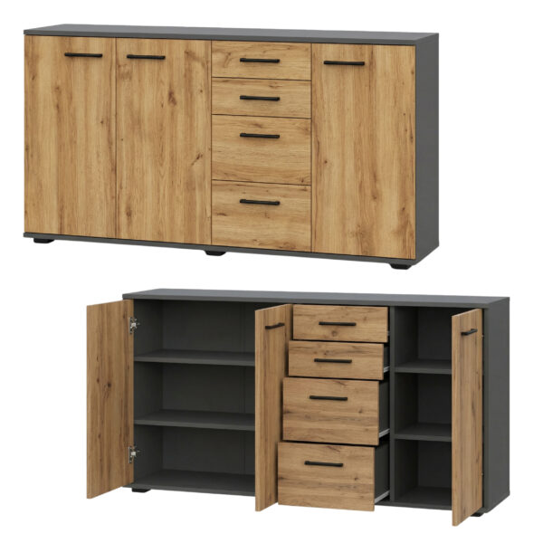 Commode FAUSKE - 4 Tiroirs - 3 Portes - Chêne Wotan - Gris - Largeur 138 cm, Hauteur 74 cm, Profondeur 34 cm – Image 4