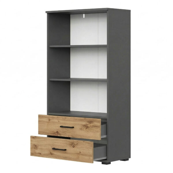 Bibliothèque FAUSKE - 2 Tiroirs - Chêne - Gris - Largeur 69 cm, Hauteur 130 cm, Profondeur 34 cm – Image 3