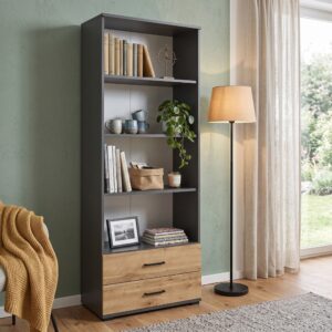 Étagère FAUSKE - 2 Tiroirs - Chêne - Gris - Largeur 69 cm, Hauteur 180 cm, Profondeur 34 cm