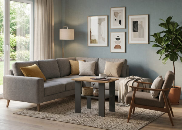 Table basse Sola - Gris - Chêne - Étagère supplémentaire - Largeur 55 cm, Hauteur 43 cm, Profondeur 55 cm – Image 3