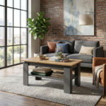 Table basse Sola - Grise - Chêne - Étagère supplémentaire - Largeur 90 cm, Hauteur 43 cm, Profondeur 55 cm