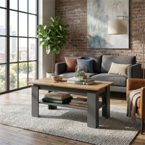 Table basse Sola - Grise - Chêne - Étagère supplémentaire - Largeur 90 cm, Hauteur 43 cm, Profondeur 55 cm