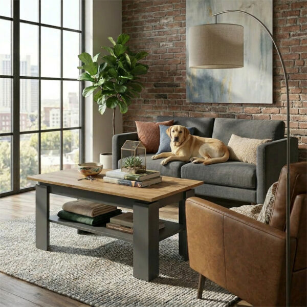 Table basse Sola - Grise - Chêne - Étagère supplémentaire - Largeur 90 cm, Hauteur 43 cm, Profondeur 55 cm – Image 3