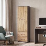 Armoire FAUSKE - 2 Tiroirs - Chêne - Gris - Largeur 40 cm, Hauteur 130 cm, Profondeur 36 cm